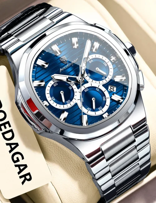 POEDAGAR Business Man Wristwatch Date Chronograph Waterproof Luminous Luxury Men Watch Stainless Steel Quartz Men's Watches Male