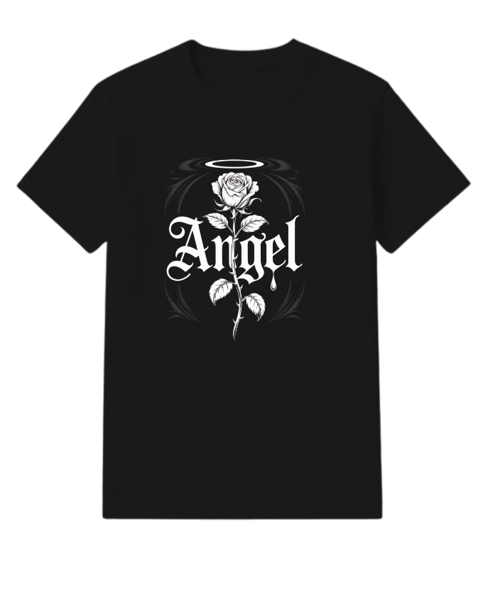 Angel Rose Floral Gothic Typography Design T-Shirt - Image 6