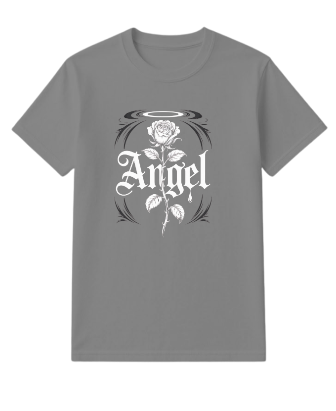 Angel Rose Floral Gothic Typography Design T-Shirt - Image 5
