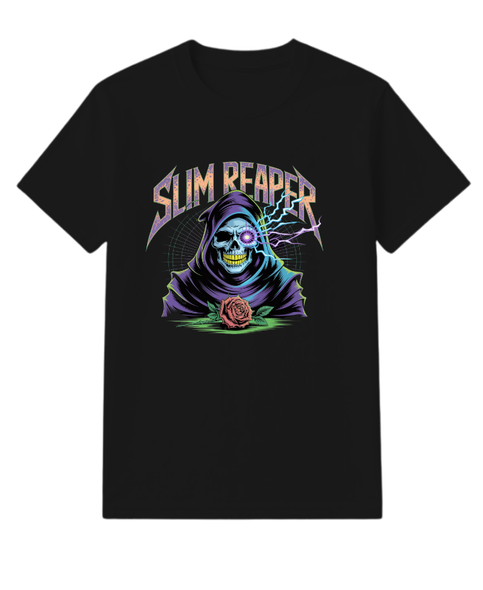 Slim Reaper Grim Reaper Skull With Lightning And Rose Artwork T-Shirt - Image 6