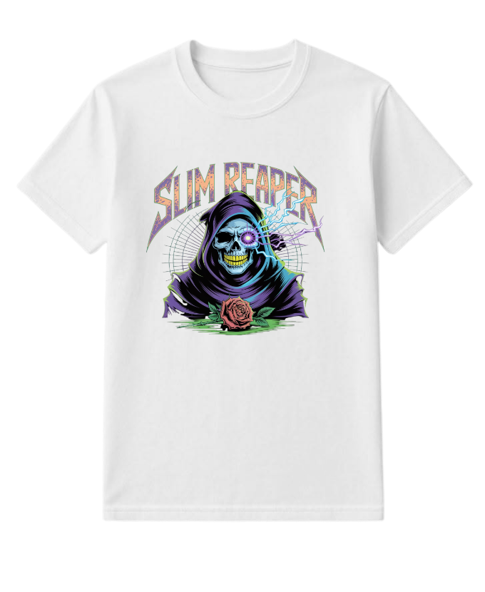 Slim Reaper Grim Reaper Skull With Lightning And Rose Artwork T-Shirt - Image 3